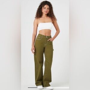 Forever 21 - Twill High-Rise Carpenter Pants Medium Olive Green